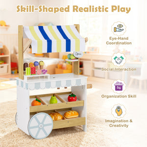 Wooden Ice Cream Cart for Kids 2-in-1 Grocery Store Playset with Display Shelves
