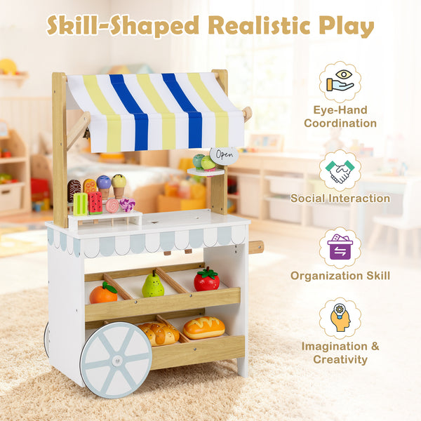 Wooden Ice Cream Cart for Kids 2-in-1 Grocery Store Playset with Display Shelves