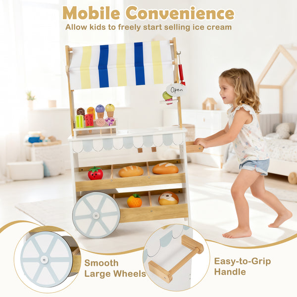 Wooden Ice Cream Cart for Kids 2-in-1 Grocery Store Playset with Display Shelves