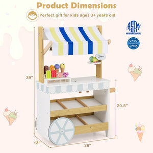 Wooden Ice Cream Cart for Kids 2-in-1 Grocery Store Playset with Display Shelves
