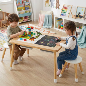 Wooden kids activity table set with double-sided boards in natural finish, perfect for play and learning.