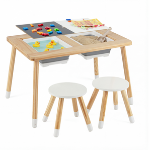 Wooden kids activity table set with double-sided boards in natural finish, shown from angle 2.