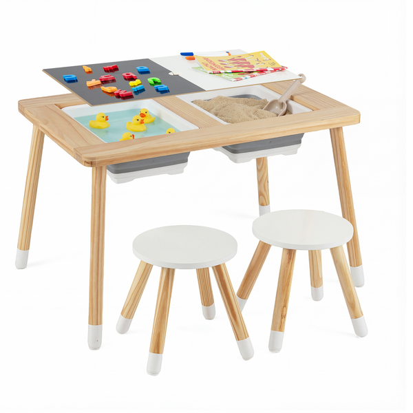 Wooden kids activity table set with double-sided boards in natural finish, shown from angle 2.