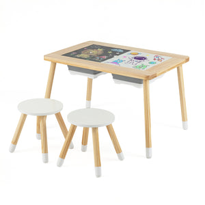 Wooden kids activity table set with double-sided boards in natural finish, viewed from angle 3. Perfect for playtime!
