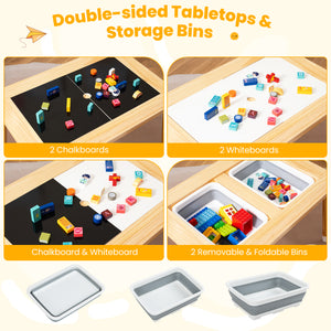 Wooden kids activity table set with double-sided boards in natural finish, viewed from angle 4. Perfect for playtime!