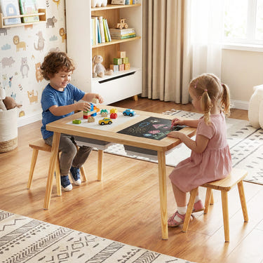 Wooden kids activity table set with 2 foldable storage bins in natural finish, perfect for playtime and organization.