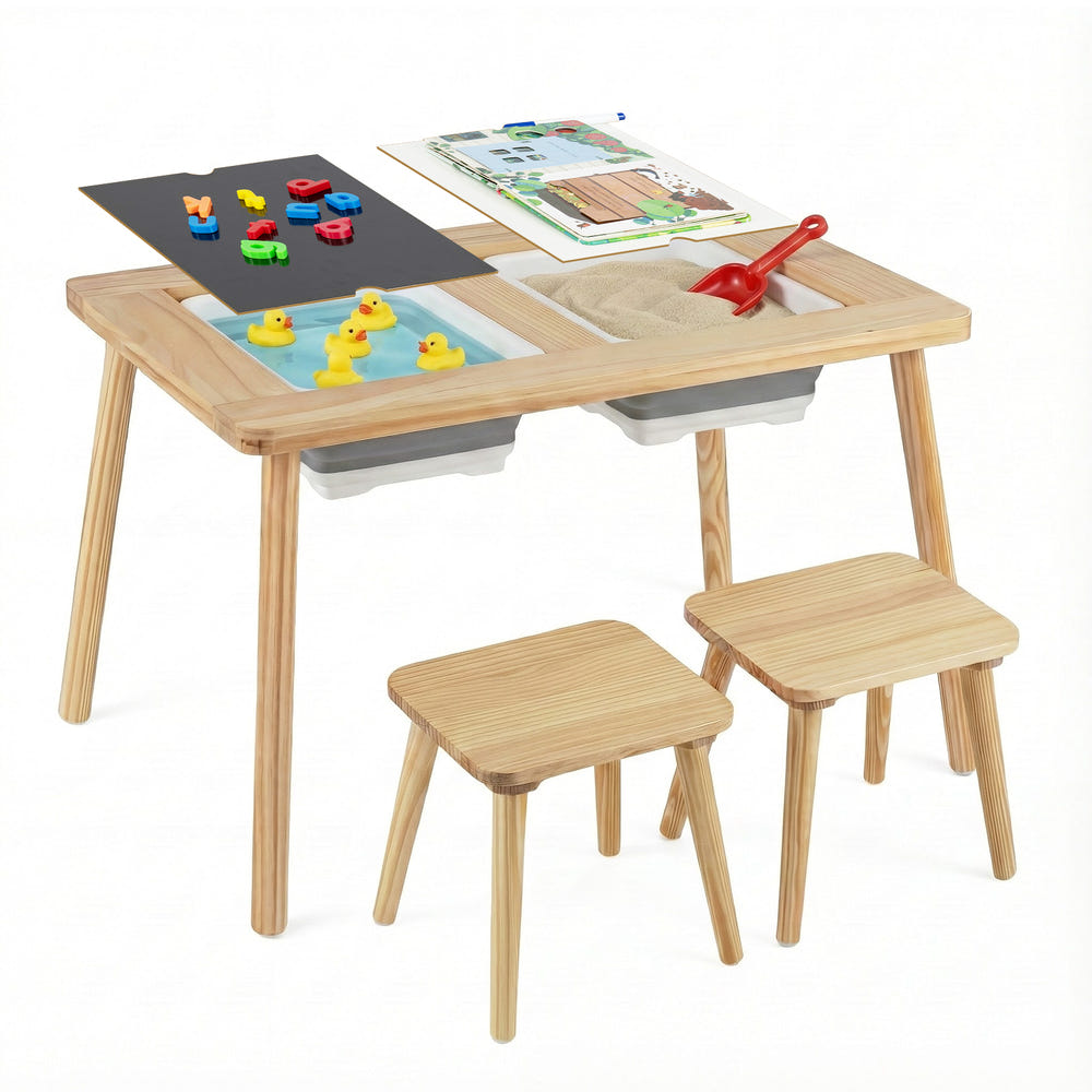 Wooden kids activity table set with 2 foldable storage bins in natural finish, perfect for playtime and organization.