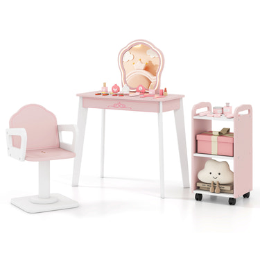 Wooden Kids Hair Salon Play Set with LED Lighted Mirror