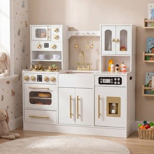 Wooden Kids Kitchen Playset with Realistic Lights and Sounds
