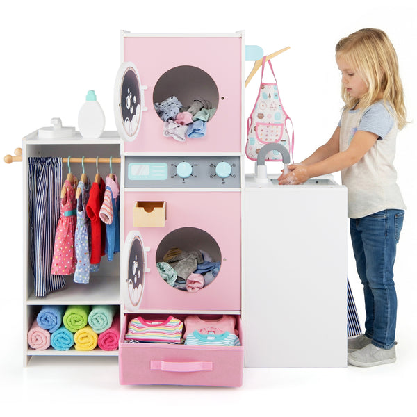 Wooden Kids Laundry Playset with Laundry Detergent Bottle and Clothes Hangers-Pink
