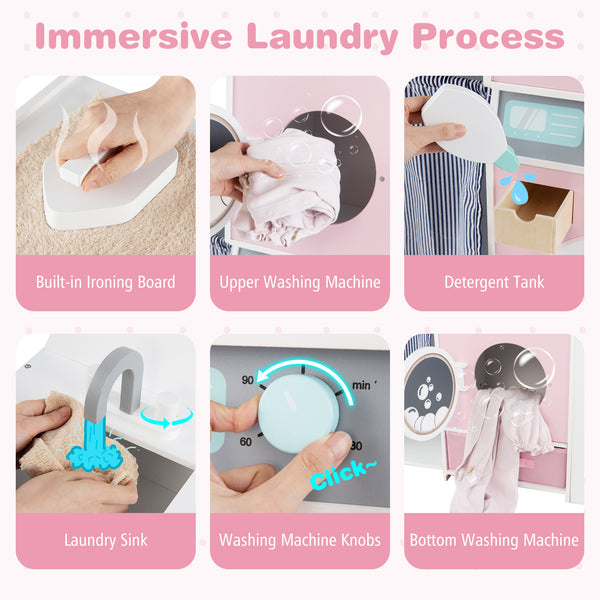 Wooden Kids Laundry Playset with Laundry Detergent Bottle and Clothes Hangers-Pink