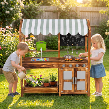 Wooden Kids Mud Kitchen with 8 Accessories and 2-Sided Chalkboard for Boys Girls Ages 3+-Brown