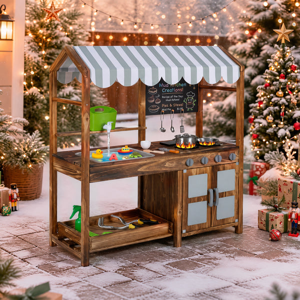 Wooden Kids Mud Kitchen with 8 Accessories and 2-Sided Chalkboard for Boys Girls Ages 3+-Brown