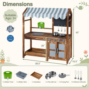 Wooden Kids Mud Kitchen with 8 Accessories and 2-Sided Chalkboard for Boys Girls Ages 3+-Brown