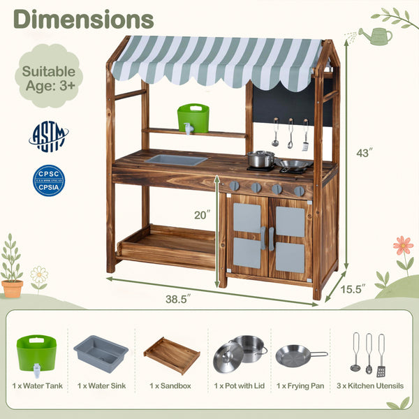 Wooden Kids Mud Kitchen with 8 Accessories and 2-Sided Chalkboard for Boys Girls Ages 3+-Brown