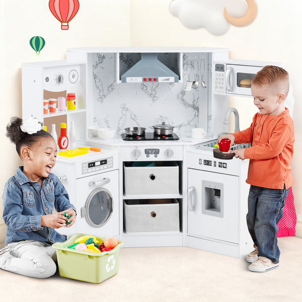 Wooden Kids Play Kitchen Playset with Realistic Lights and Sounds