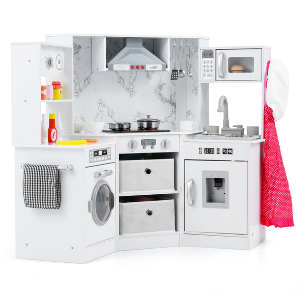 Wooden Kids Play Kitchen Playset with Realistic Lights and Sounds