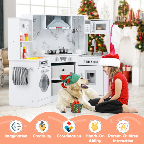 Wooden Kids Play Kitchen Playset with Realistic Lights and Sounds