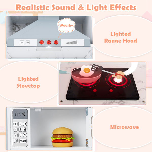 Wooden Kids Play Kitchen Playset with Realistic Lights and Sounds