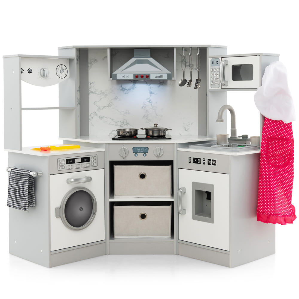 Wooden Kids Play Kitchen Playset with Realistic Lights and Sounds