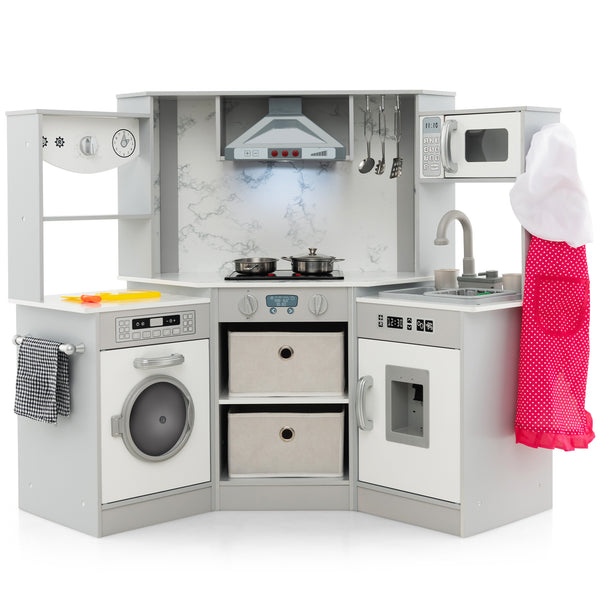 Wooden Kids Play Kitchen Playset with Realistic Lights and Sounds