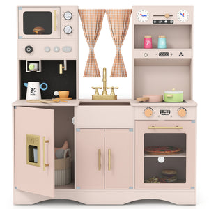 Wooden Kids Pretend Play Toy Kitchen with Microwave and Coffee Maker for Boys & Girls Ages 3+-Pink