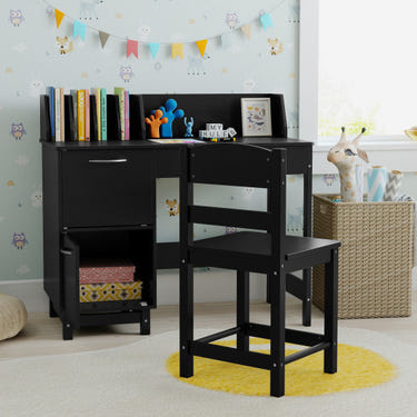 Wooden kids study desk and chair set in black, perfect workstation for students.