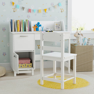 Wooden kids study desk and chair set in white, perfect workstation for children.
