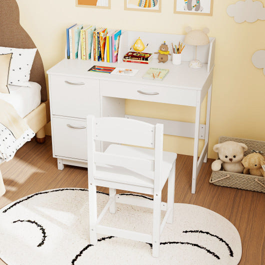 Wooden kids study desk and chair set in white, perfect workstation for children.