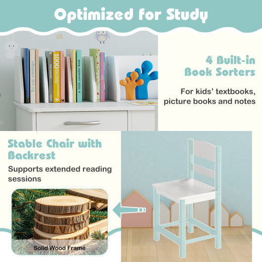 Wooden Kids Study Desk and Chair Set Student Workstation-White