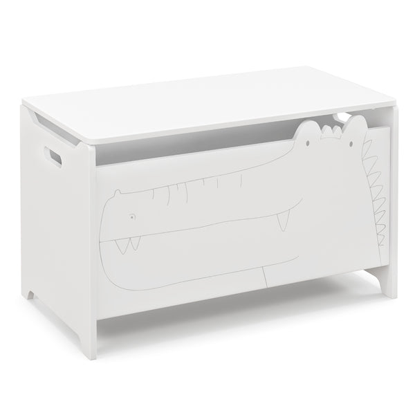 Wooden kids toy box with safety hinge, perfect for bedding and sleep organization, shown from angle 11.