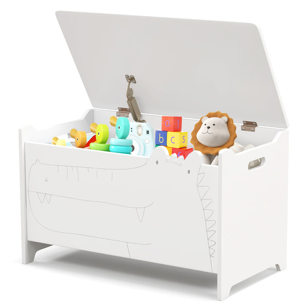 Wooden kids toy box with safety hinge, perfect for bedding and sleep organization, shown at angle 12.