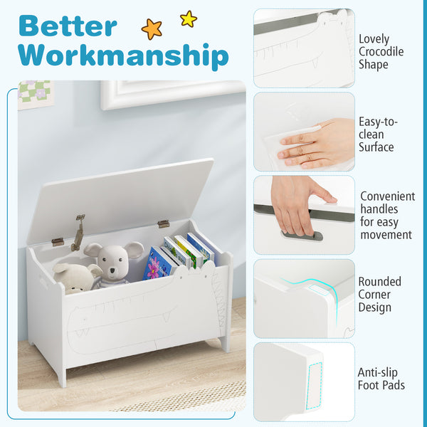 Wooden kids toy box with safety hinge, perfect for organizing bedding and sleep essentials. Angle view 14.