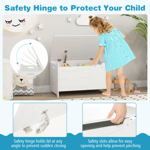 Wooden kids toy box with safety hinge, angled view, perfect for bedding and sleep organization.