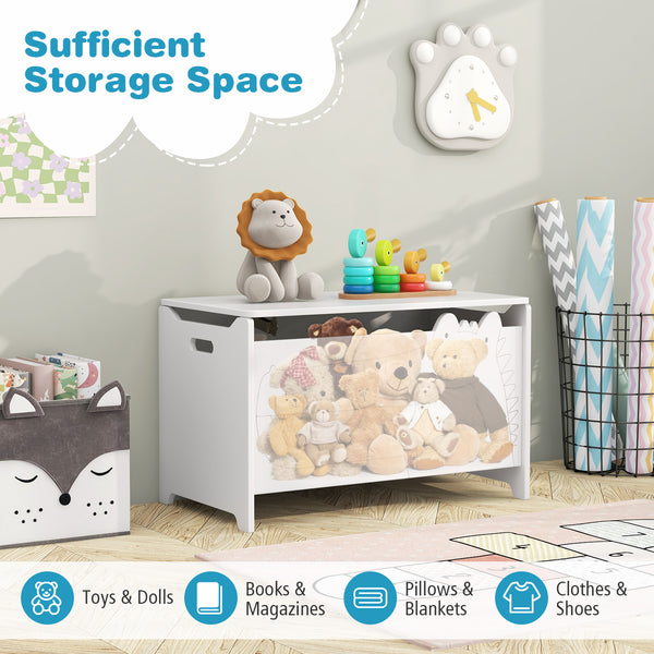 Wooden kids toy box with safety hinge, perfect for organizing bedding and sleep essentials. Angle view 16.
