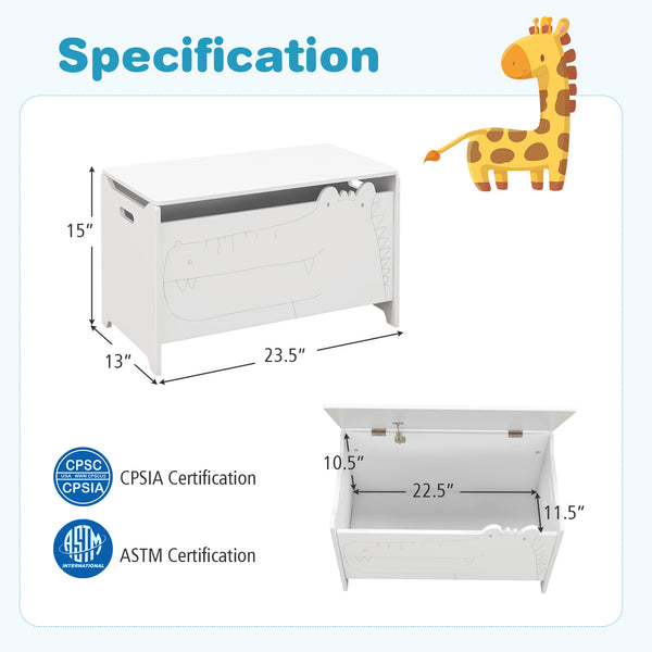 Wooden kids toy box with safety hinge, perfect for bedding and sleep organization, shown from angle 13.