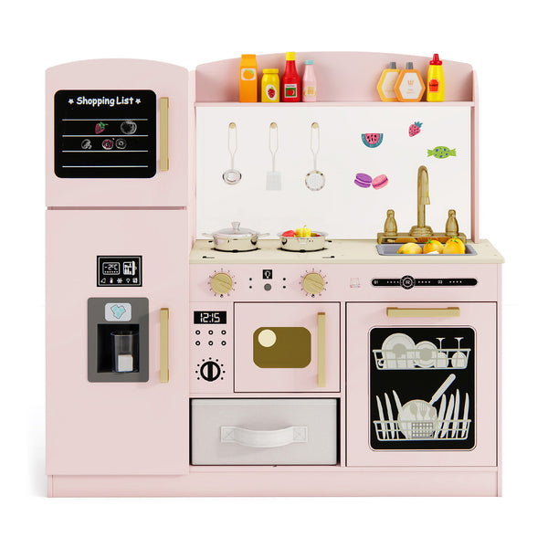Wooden Kids Kitchen Playset with Chalkboard Ice Maker Sink Lighted Microwave