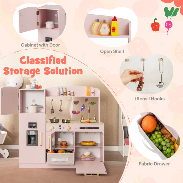 Wooden Kids Kitchen Playset with Chalkboard Ice Maker Sink Lighted Microwave