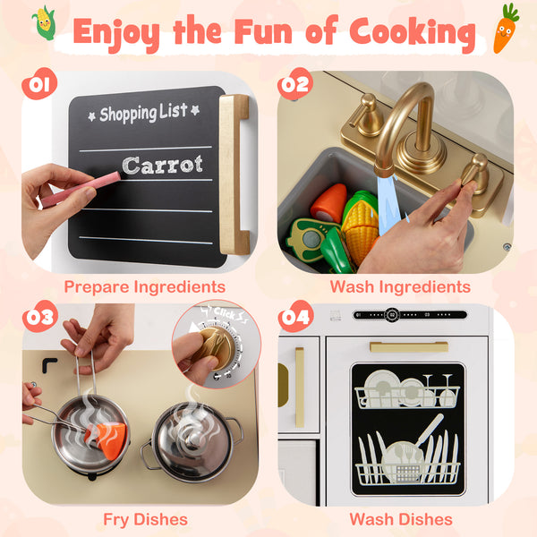Wooden Kids Kitchen Playset with Chalkboard Ice Maker Sink Lighted Microwave