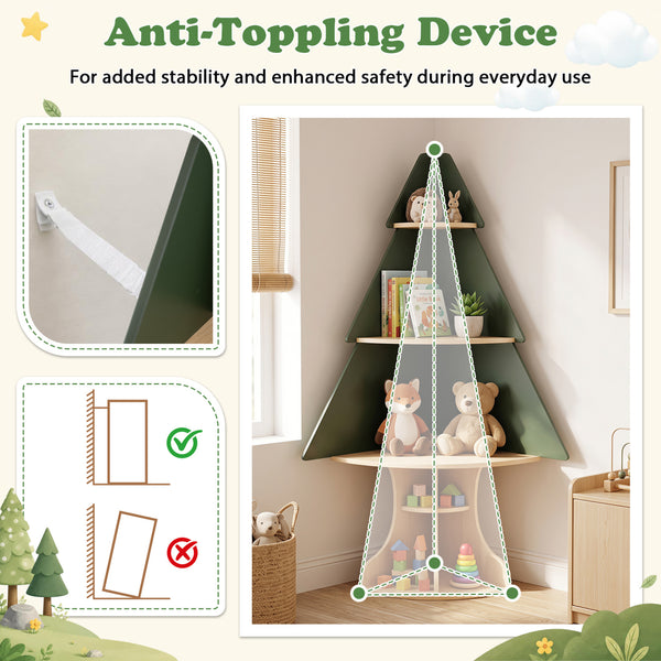 Wooden Montessori Corner Tree Bookshelf with Toy Storage-Green