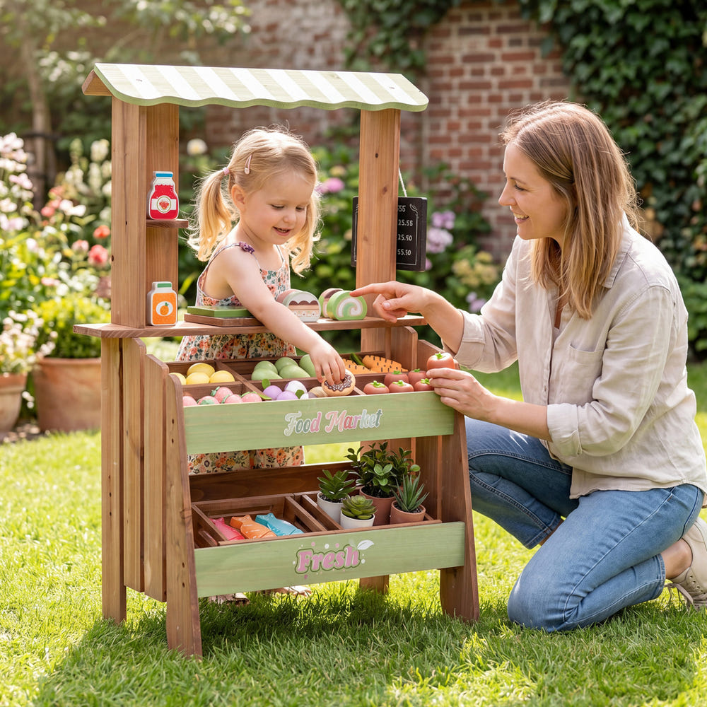 Wooden Grocery Store with Chalkboard and Accessories Montessori Toy for 3+ Kids