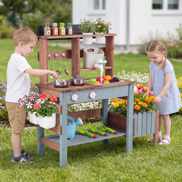 Wooden Mud Kitchen Set with Running Water Faucet Tank