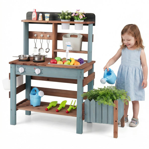 Wooden Mud Kitchen Set with Running Water Faucet Tank