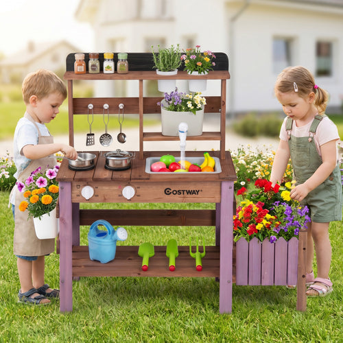 Wooden Mud Kitchen Set with Running Water Faucet Tank