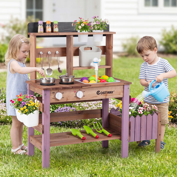Wooden Mud Kitchen Set with Running Water Faucet Tank