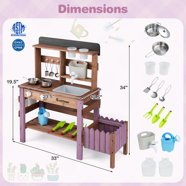 Wooden Mud Kitchen Set with Running Water Faucet Tank