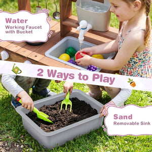 Wooden Mud Kitchen Set with Running Water Faucet Tank