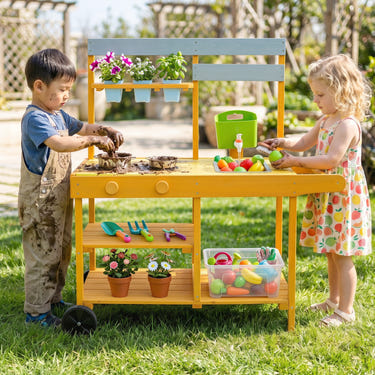 Wooden Outdoor Mud Kitchen for Kids with Flowerpots and Wheels-Yellow