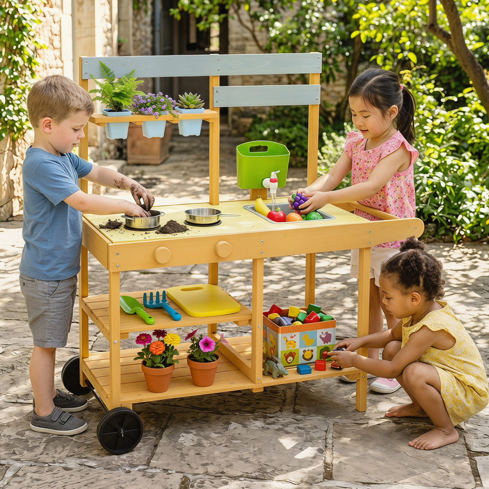 Wooden Outdoor Mud Kitchen for Kids with Flowerpots and Wheels-Yellow