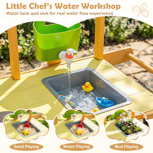 Wooden Outdoor Mud Kitchen for Kids with Flowerpots and Wheels-Yellow